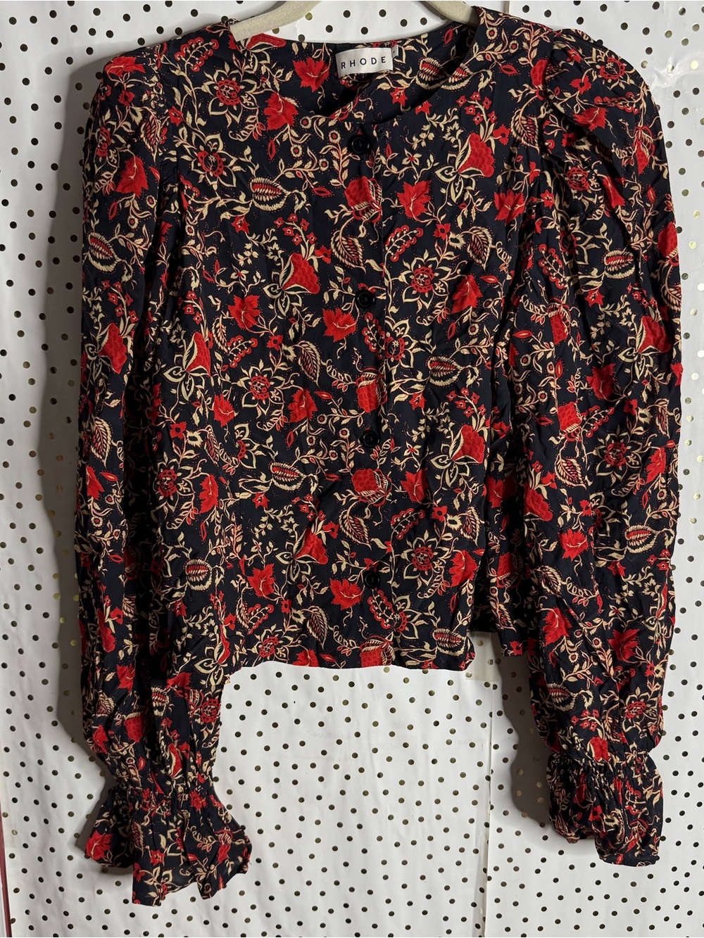 RHODE Black Blouse with Red & Tan Floral Print